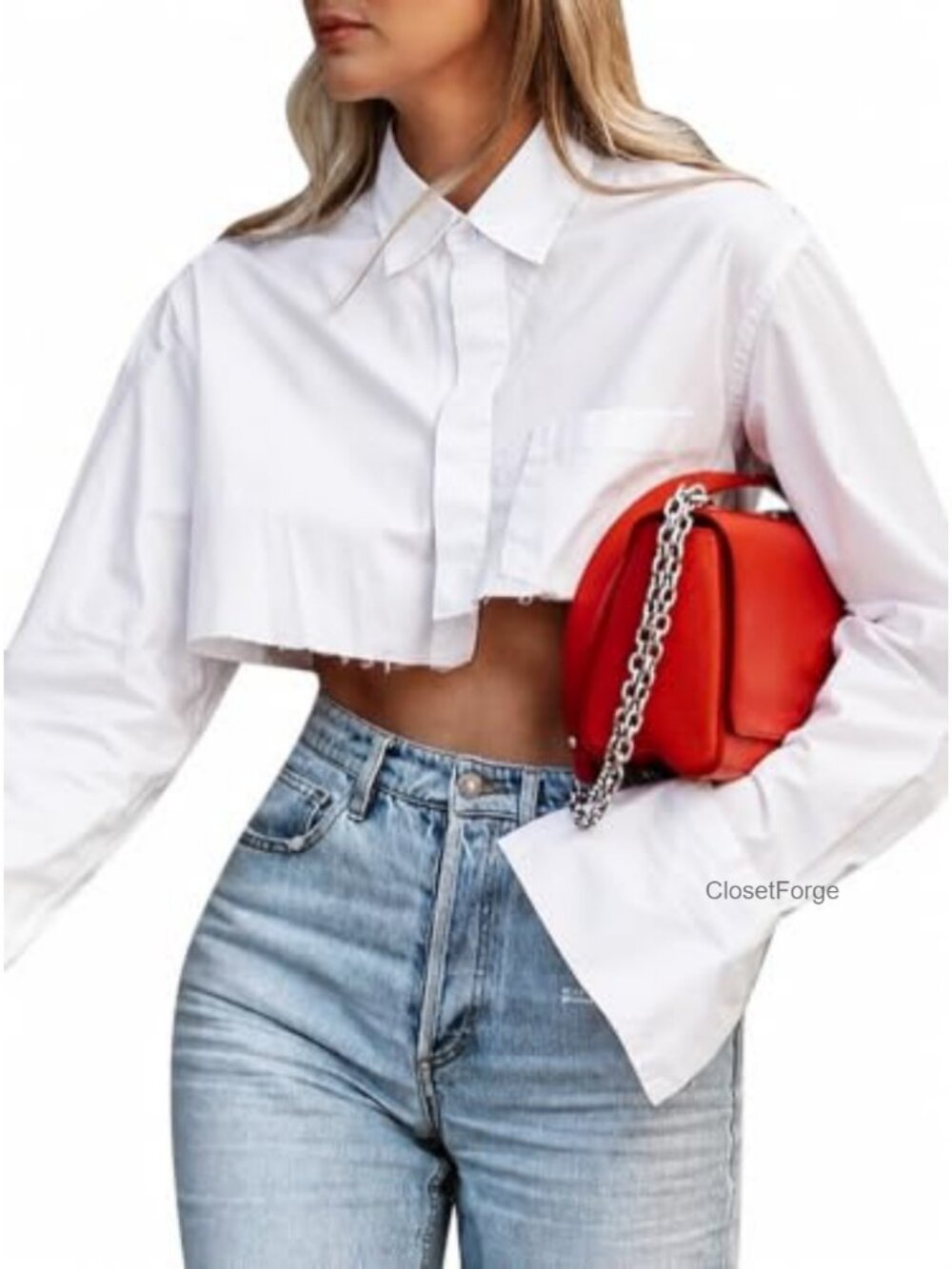 Women's Cropped Button Down Shirt Collared Long Sleeve Blouse